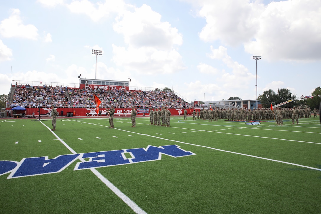 The Delaware National Guard held a deployment ceremony for 250 of the Delaware Army National Guard’s 198th Expeditionary Signal Battalion Soldiers at the Delaware State University Football Stadium in Dover, Del., August 3, 2019.