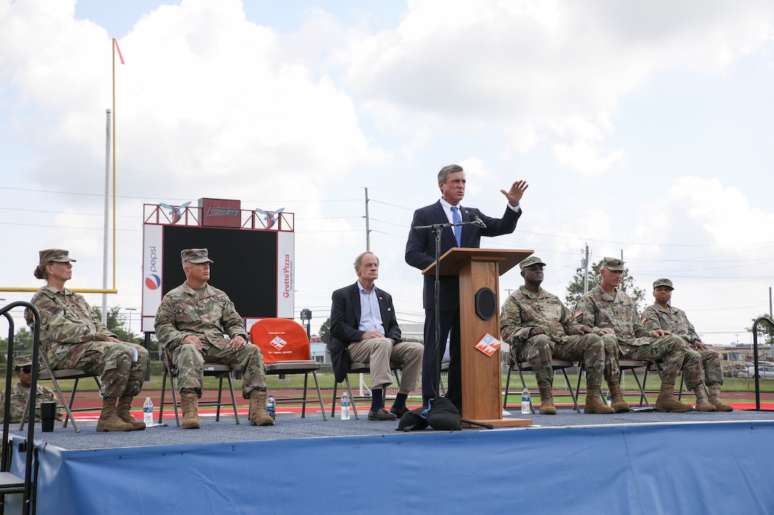 The Delaware National Guard held a deployment ceremony for 250 of the Delaware Army National Guard’s 198th Expeditionary Signal Battalion Soldiers at the Delaware State University Football Stadium in Dover, Del., August 3, 2019.