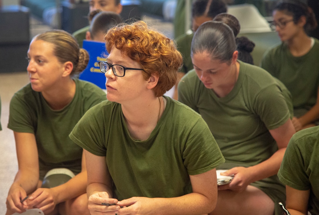 Recruits with Recruit Separation Platoon, Special Training Company, Support Batallion attend a guided discussion on July 29, 2019 aboard Marine Corps Recruit Depot Parris. As part of a new initiative called Operation Fresh Start, recruits in RSP are encouraged to pursue personal development and attend classes to assist their transition. (U.S. Marine Corps photo by Cpl Daniel O'Sullivan)