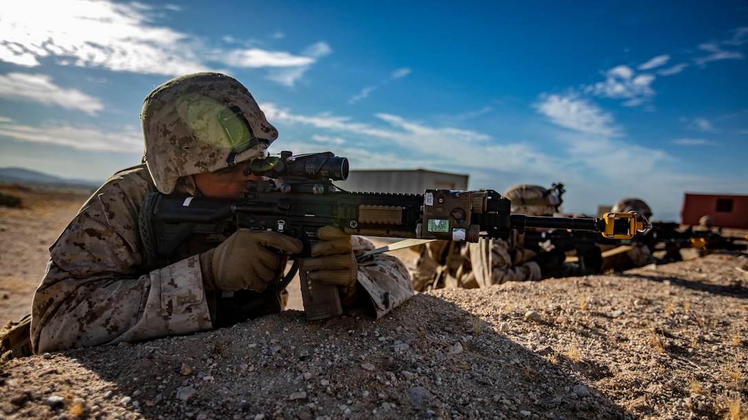U.S. Marines with 1st Battalion, 25th Marine Regiment, 4th Marine Division, post security during Integrated Training Exercise 5-19 at Marine Corps Air Ground Combat Center Twentynine Palms, Calif., July 31, 2019. Reserve Marines with 1/25 participate in ITX to prepare for their upcoming deployment to the Pacific Region. (U.S. Marine Corps photo by Lance Cpl. Jose Gonzalez)