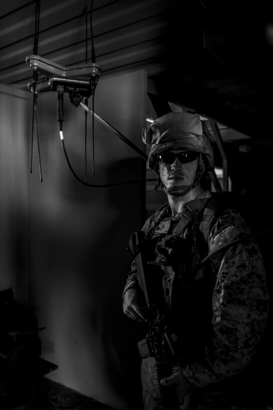 U.S. Marine Corps Cpl. Austin M. Jordan, a cryptologic linguist operator analyst, attached with 8th Marine Regiment, 2nd Marine Division, posts security for 1st Battalion, 25th Marine Regiment, 4th MARDIV Marines during Integrated Training Exercise 5-19 at Marine Corps Air Ground Combat Center Twentynine Palms, Calif., July 31, 2019. Reserve Marines with 1/25 participate in ITX to prepare for their upcoming deployment to the Pacific Region. (U.S. Marine Corps photo by Lance Cpl. Jose Gonzalez)