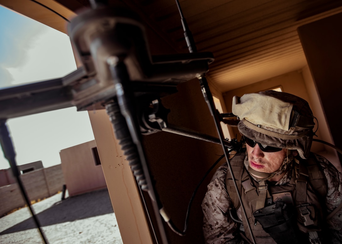 U.S. Marine Corps Cpl. Austin M. Jordan, a cryptologic linguist operator analyst, attached with 8th Marine Regiment, 2nd Marine Division, posts security for 1st Battalion, 25th Marine Regiment, 4th MARDIV Marines during Integrated Training Exercise 5-19 at Marine Corps Air Ground Combat Center Twentynine Palms, Calif., July 31, 2019. Reserve Marines with 1/25 participate in ITX to prepare for their upcoming deployment to the Pacific Region. (U.S. Marine Corps photo by Lance Cpl. Jose Gonzalez)