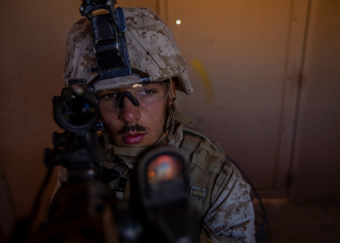 U.S. Marine Corps Lance Cpl. Joshua Massa, an infantry rifleman with 1st Battalion, 25th Marine Regiment, 4th Marine Division, posts security during Integrated Training Exercise 5-19 at Marine Corps Air Ground Combat Center Twentynine Palms, Calif., July 31, 2019. Reserve Marines with 1/25 participate in ITX to prepare for their upcoming deployment to the Pacific Region. (U.S. Marine Corps photo by Lance Cpl. Jose Gonzalez)