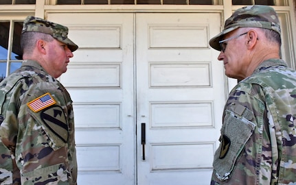 Sgt. 1st Class Brian Jones (left), chaplain noncommissioned officer in charge, 502nd Force Support Group, serves with Chaplain (Lt. Col.) Cloyd Colby, chaplain, 502nd FSG and Joint Base San Antonio-Fort Sam Houston, at the 502nd FSG headquarters building Aug. 2.