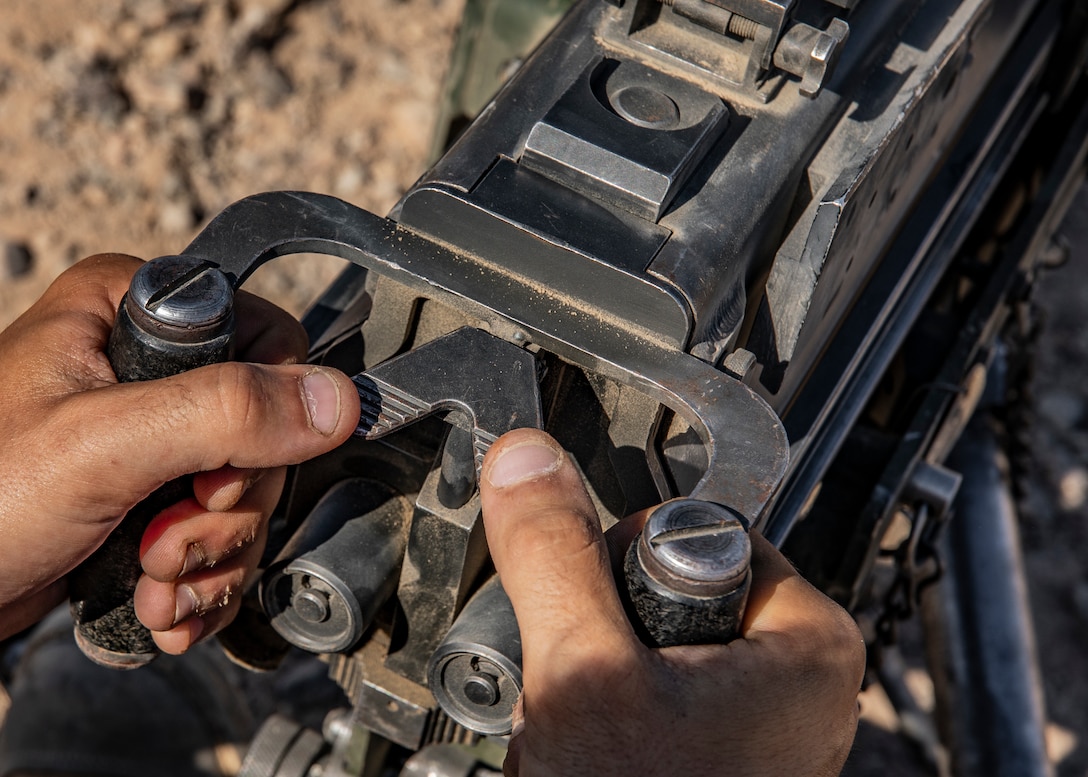 U.S. Marine Corps Cpl. Eric J. Skabry, an infantry rifleman with 1st Battalion, 25th Marine Regiment, 4th Marine Division, conducts an operations check with the Mk 19 40mm grenade launcher during Integrated Training Exercise 5-19 at Marine Corps Air Ground Combat Center Twentynine Palms, Calif., Aug. 4, 2019. After ITX 5-19, 1st Battalion, 25th Marine Regiment will be activated and deploy to Indo-Pacific Command to conduct multiple exercises across the region. (U.S. Marine Corps photo by Lance Cpl. Jose Gonzalez)