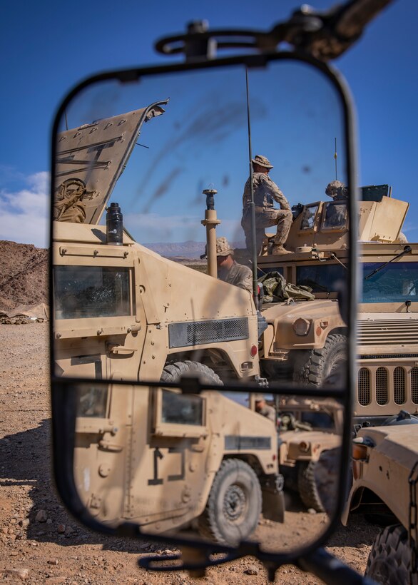 U.S. Marines with 1st Battalion, 25th Marine Regiment, 4th Marine Division, prepare their vehicles on Range 400 during Integrated Training Exercise 5-19 at Marine Corps Air Ground Combat Center Twentynine Palms, Calif., Aug. 4, 2019. After ITX 5-19, 1st Battalion, 25th Marine Regiment will be activated and deploy to Indo-Pacific Command to conduct multiple exercises across the region. (U.S. Marine Corps photo by Lance Cpl. Jose Gonzalez)