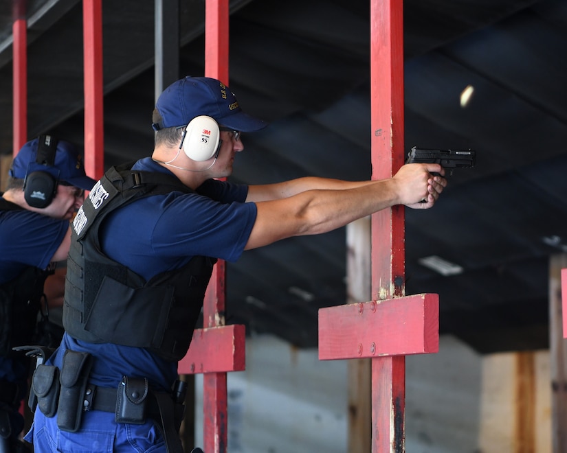 A U.S. Coast Guard gunner’s mate from USCG Cutter Hamilton participates in annual combat arms training at Joint Base Charleston, S.C., Aug. 1, 2019. Coast Guard combat arms instructors from U.S. Coast Guard Sector Charleston assisted in the evaluation of the guardsmen to ensure they were ready and worldwide qualified for their next mission. Combat Arms Training and Maintenance instructors support the readiness of Joint Base Charleston’s mission partners through training and evaluating service members on proficiently operating and safely handling their weapons. The partnership between Air Force and Coast Guard personnel supports USCG Sector Charleston in their mission of performing maritime safety, security and stewardship in their area of responsibility.