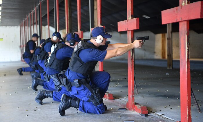 U.S. Coast Guardsmen from USCG Cutter Hamilton participate in annual combat arms training at Joint Base Charleston, S.C., Aug. 1, 2019. Coast Guard combat arms instructors from U.S. Coast Guard Sector Charleston assisted in the evaluation of the guardsmen to ensure they were ready and worldwide qualified for their next mission. Combat Arms Training and Maintenance instructors support the readiness of Joint Base Charleston’s mission partners through training and evaluating service members on proficiently operating and safely handling their weapons. The partnership between Air Force and Coast Guard personnel supports USCG Sector Charleston in their mission of performing maritime safety, security and stewardship in their area of responsibility.