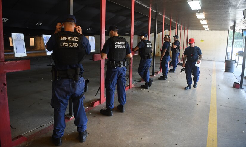 U.S. Coast Guardsmen from USCG Cutter Hamilton receive their pre-training safety brief before taking part in annual combat arms training at Joint Base Charleston, S.C., Aug. 1, 2019. Coast Guard combat arms instructors from U.S. Coast Guard Sector Charleston assisted in the evaluation of the guardsmen to ensure they were ready and worldwide qualified for their next mission. Combat Arms Training and Maintenance instructors support the readiness of Joint Base Charleston’s mission partners through training and evaluating service members on proficiently operating and safely handling their weapons. The partnership between Air Force and Coast Guard personnel supports USCG Sector Charleston in their mission of performing maritime safety, security and stewardship in their area of responsibility.