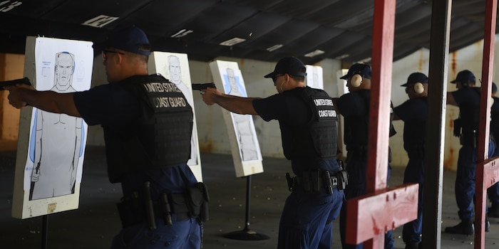 U.S. Coast Guardsmen from USCG Cutter Hamilton participate in annual combat arms training at Joint Base Charleston, S.C., Aug. 1, 2019. Coast Guard combat arms instructors from U.S. Coast Guard Sector Charleston assisted in the evaluation of the guardsmen to ensure they were ready and worldwide qualified for their next mission. Combat Arms Training and Maintenance instructors support the readiness of Joint Base Charleston’s mission partners through training and evaluating service members on proficiently operating and safely handling their weapons. The partnership between Air Force and Coast Guard personnel supports USCG Sector Charleston in their mission of performing maritime safety, security and stewardship in their area of responsibility.