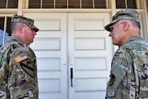 Sgt. 1st Class Brian Jones (left), garrison chaplain noncommissioned officer in charge, 502nd Force Support Group, serves with Chaplain (Lt. Col.) Cloyd Colby, chaplain, 502nd FSG and Joint Base San Antonio-Fort Sam Houston Garrison, at the 502nd FSG Headquarters Building, Joint Base San Antonio Fort Sam Houston, Texas, Aug. 2. The 5th Medical Recruiting Battalion, located at JBSA Fort Sam Houston, Texas, is committed to building a future of readiness by recruiting high quality, professional officers, across the country’s central region, to serve in the U.S. Army Medical Department and U.S. Army Chaplain Corps. (Photo by Leanne Thomas)
