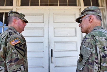 Sgt. 1st Class Brian Jones (left), garrison chaplain noncommissioned officer in charge, 502nd Force Support Group, serves with Chaplain (Lt. Col.) Cloyd Colby, chaplain, 502nd FSG and Joint Base San Antonio-Fort Sam Houston Garrison, at the 502nd FSG Headquarters Building, Joint Base San Antonio Fort Sam Houston, Texas, Aug. 2. The 5th Medical Recruiting Battalion, located at JBSA Fort Sam Houston, Texas, is committed to building a future of readiness by recruiting high quality, professional officers, across the country’s central region, to serve in the U.S. Army Medical Department and U.S. Army Chaplain Corps. (Photo by Leanne Thomas)