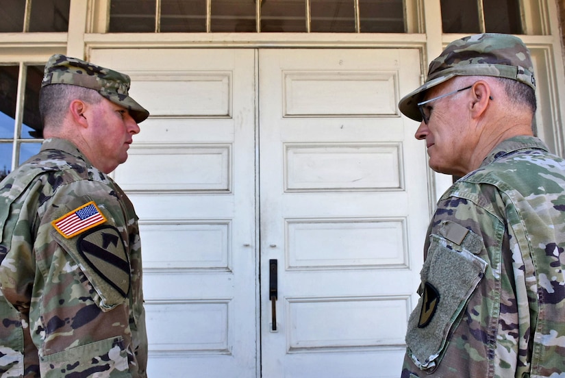 Sgt. 1st Class Brian Jones (left), garrison chaplain noncommissioned officer in charge, 502nd Force Support Group, serves with Chaplain (Lt. Col.) Cloyd Colby, chaplain, 502nd FSG and Joint Base San Antonio-Fort Sam Houston Garrison, at the 502nd FSG Headquarters Building, Joint Base San Antonio Fort Sam Houston, Texas, Aug. 2. The 5th Medical Recruiting Battalion, located at JBSA Fort Sam Houston, Texas, is committed to building a future of readiness by recruiting high quality, professional officers, across the country’s central region, to serve in the U.S. Army Medical Department and U.S. Army Chaplain Corps. (Photo by Leanne Thomas)