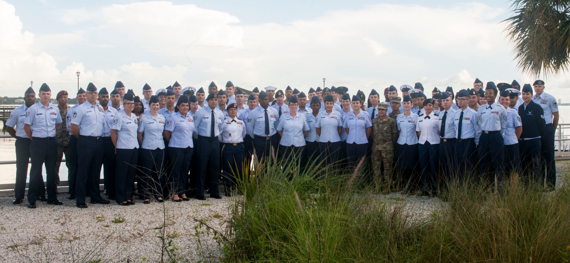 Joint NCO Professional Enhancement course participants at MacDill Air Force Base, Fla., June 24, 2019. The course covers topics such as the joint perspective from each branch, cultural and ethical awareness, building partnerships, communication, and leadership.