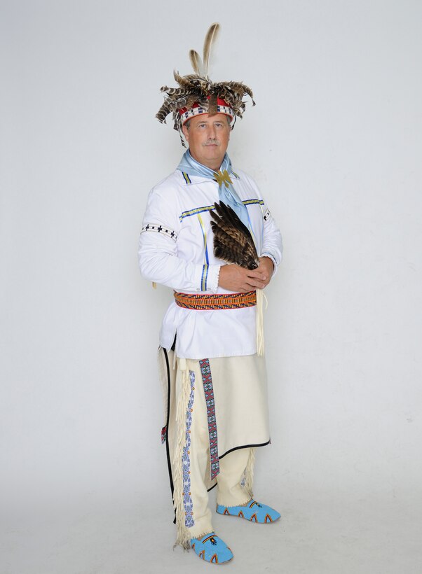 Edward Blauvelt poses in his American Indian regalia for a photo at the 502nd Air Base Wing public affairs office. Blauvelt was recently presented the 2019 Society of American Indians Government Employees Meritorious Service Award. (U.S. Air Force photo by Melissa Peterson)