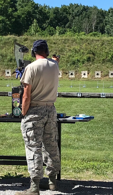 Master Sgt. Garey Diefenderfer, a member of the 167th Airlift Wing marsman team and the All Guard marksmen team participates in tne National Matches at Camp perry in July 2019. The month-long national shooting festival hosts more than 6,000 military and civilian participants who train and compete in a variety of competition including traditional pistol, smallbore, high-power rifle and long-range rifle.