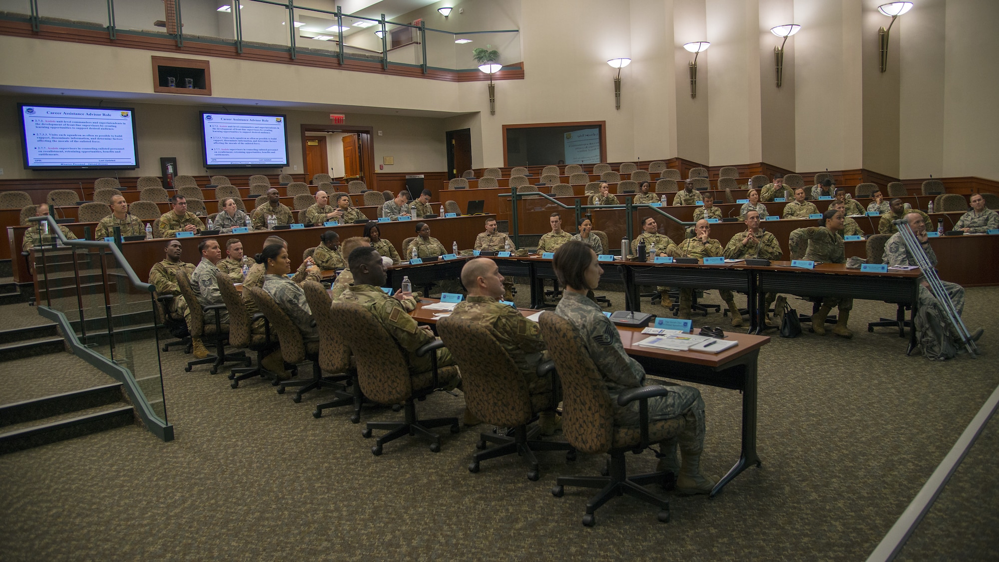 Students listen to a lecture during the SNCO Professional Enhancement Seminar at MacDill Air Force Base, Fla., Aug. 2, 2019. This professional enhancement seminar is a week-long, discussion-led training course that prepares Airmen for their new SNCO responsibilities.