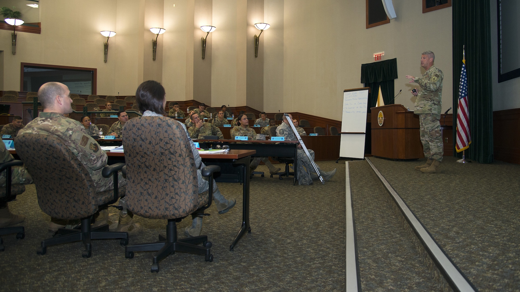 U.S. Air Force Capt. Jeremy Guy, 6th Air Mobility Wing executive officer, briefs students on resource management during the SNCO Professional Enhancement Seminar at MacDill Air Force Base, Fla., Aug. 2, 2019. This professional enhancement seminar had multiple subject matter experts and panels explain the responsibilities and expectations of a SNCO.