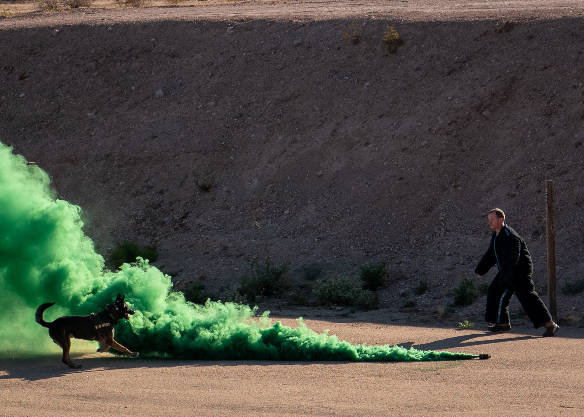 Staff Sgt. Sean McFadden, 56th Security Forces Squadron military working dog handler, evades a MWD through a smoke grenade Aug. 2, 2019, in Surprise, Ariz.