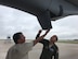 (Left to right) Master Sgt. Jesse Fuller, 931st Aircraft Maintenance Squadron crew chief, and Lt. Col. Joseph Oline, 931st Operations Support Squadron Scheduling chief and KC-135 Stratotanker pilot, perform a pre-flight check Aug. 3, 2019, at McConnell Air Force Base. The inspection being performed on a KC-135 is accomplished on a regular schedule in order keep the aircraft mission ready.