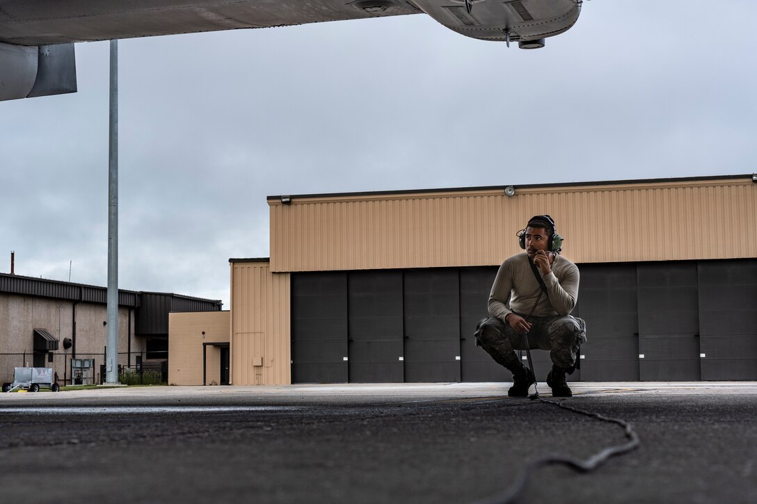 Senior Airman Kyle Reed, 74th Aircraft Maintenance Unit (AMU) crew chief, prepares an A-10C Thunderbolt II to depart for Jaded Thunder, Aug. 2, 2019, at Moody Air Force Base, Ga. Jaded Thunder is a joint services exercise to complete training requirements and prepare for future deployments. It includes joint forces integration by members of U.S. Air Force, Marine Corps, Navy and Army units, as well as representatives of the U.S. Special Operations Command. (U.S. Air Force photo by Airman 1st Class Hayden Legg)