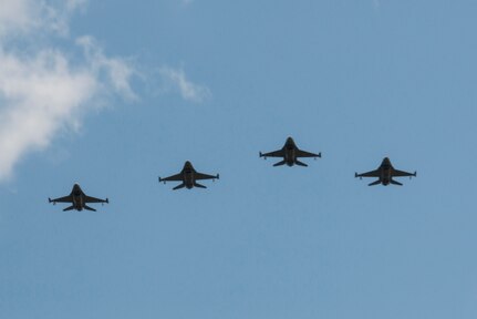 U.S. Air Force F-16s fly over the funeral ceremony of Oliver "Ollie" Crawford Aug. 5, 2019, at Joint Base San Antonio-Fort Sam Houston, Texas. "Ollie" passed away at the age of 94, on Sunday, July 21, 2019 in San Antonio, Texas.