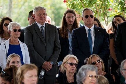 Former Air Force Chief of Staff Gen. Ronald R. Fogleman (center) and Jane, his wife, attends the funeral of Oliver "Ollie" Crawford Aug. 5, 2019, at Joint Base San Antonio-Fort Sam Houston, Texas.