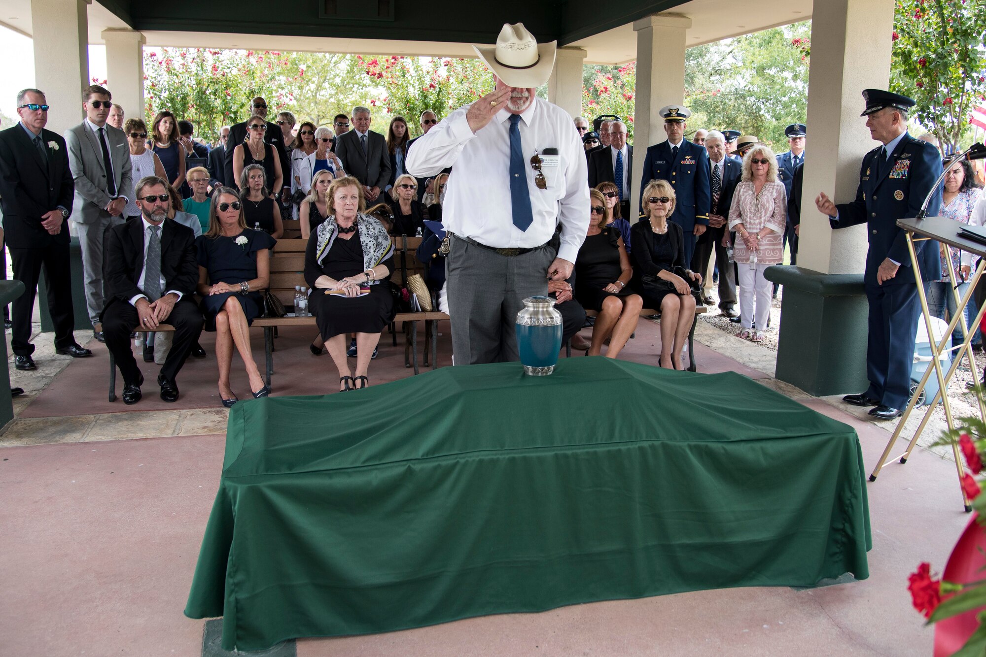 Close friends and family members attend the funeral ceremony of Oliver "Ollie" Crawford Aug. 5, 2019, at Joint Base San Antonio-Fort Sam Houston, Texas. "Ollie" passed away at the age of 94, on Sunday, July 21, 2019 in San Antonio, Texas.