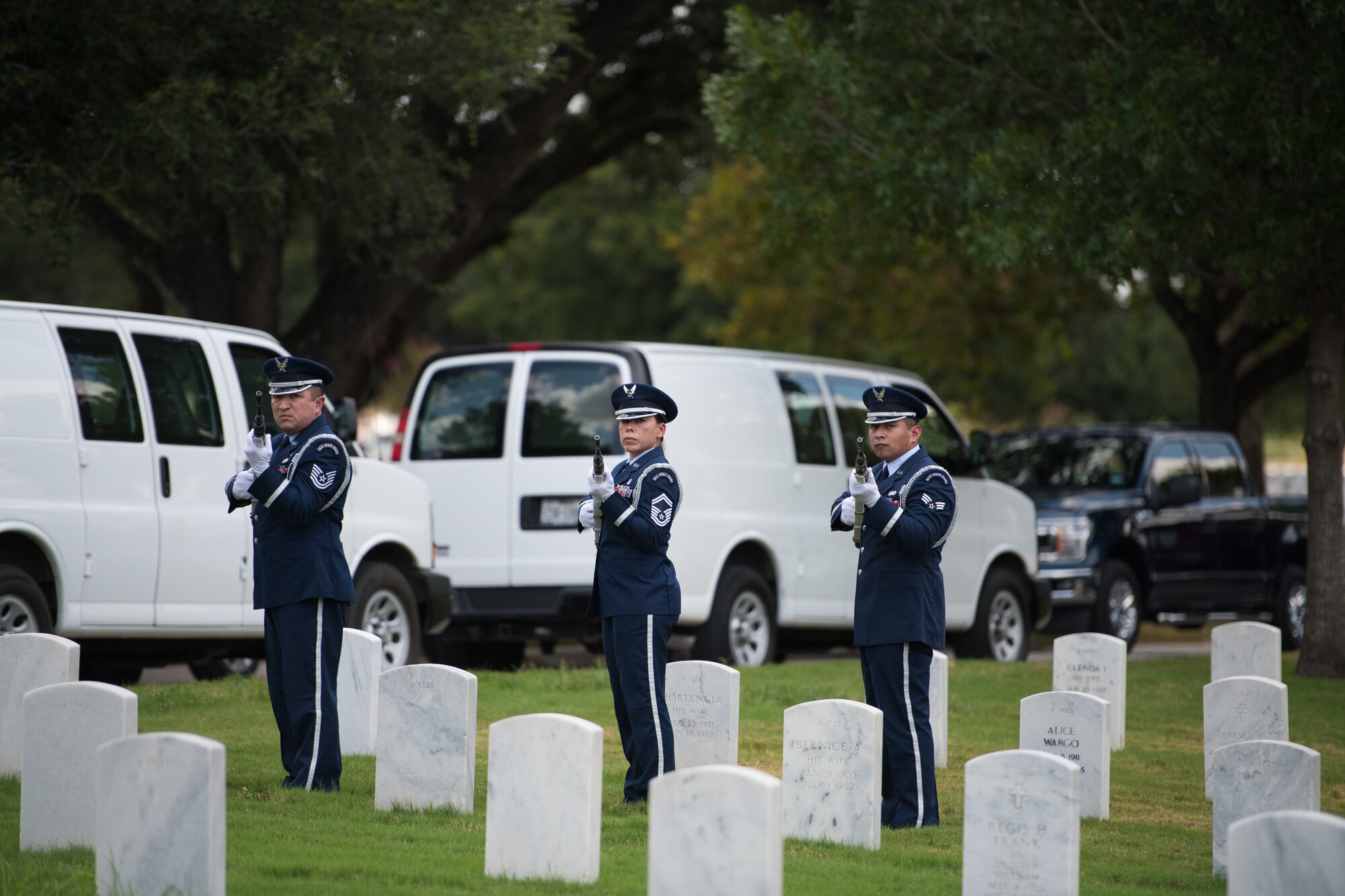 U.S. Air Force Honor Guard fire a 21-gun salute during the funeral ceremony of Oliver "Ollie" Crawford Aug. 5, 2019, at Joint Base San Antonio-Fort Sam Houston, Texas. "Ollie" passed away at the age of 94, on Sunday, July 21, 2019 in San Antonio, Texas.