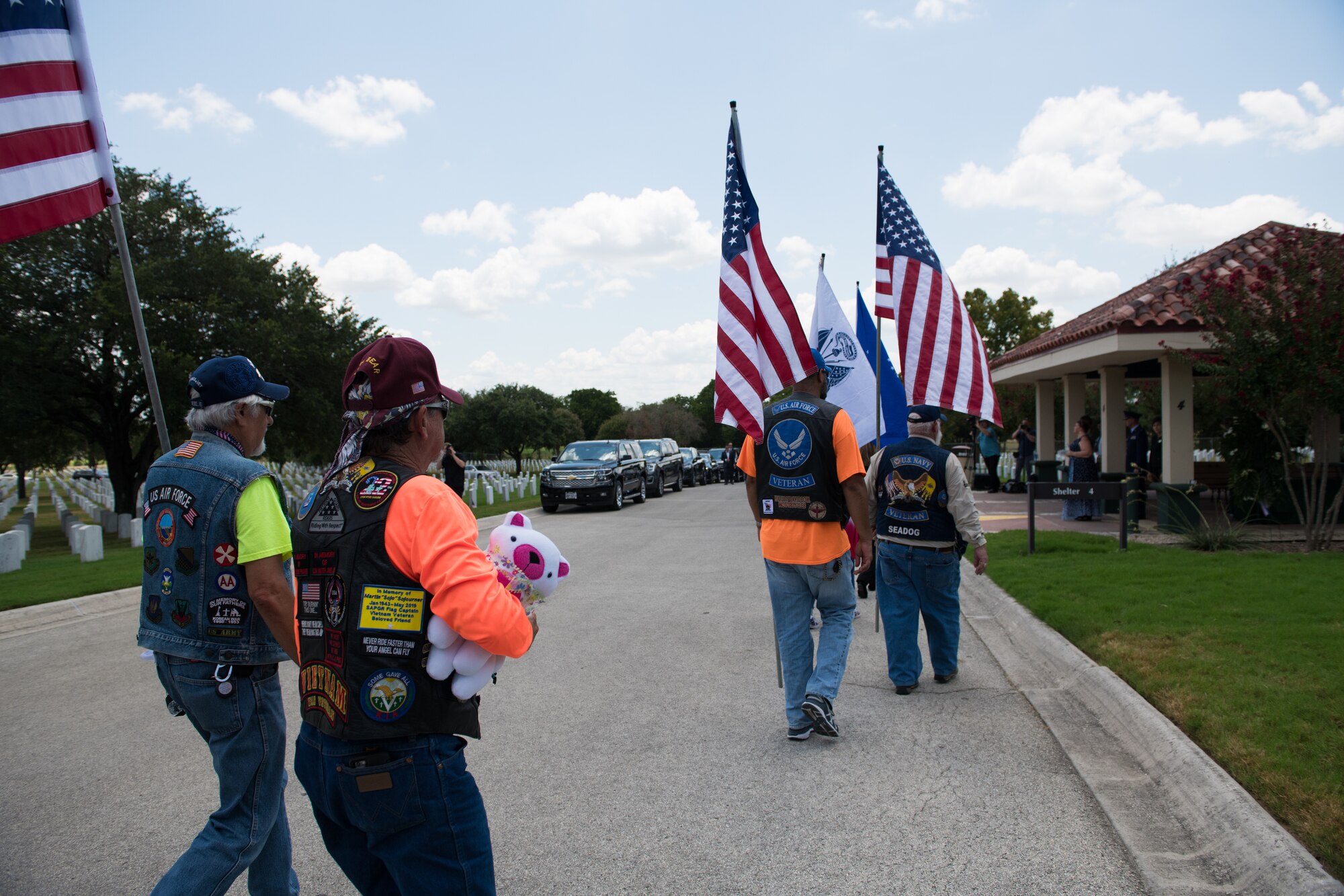 Members of the Patriot Riders arrive to support the funeral ceremony of Oliver "Ollie" Crawford Aug. 5, 2019, at Joint Base San Antonio-Fort Sam Houston, Texas. "Ollie" passed away at the age of 94, on Sunday, July 21, 2019 in San Antonio, Texas.