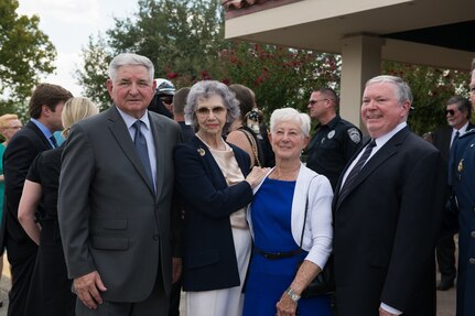 Former Air Force Chief of Staff Gen. Ronald R. Fogleman (left), Nancy, surviving wife of Oliver “Ollie” Crawford, Jane, wife of Gen. Fogleman and James G. “Snake” Clark, Director AFWIC “Q” Group, pose for a photo after attending the funeral ceremony of “Ollie” Aug. 5, 2019, at Joint Base San Antonio-Fort Sam Houston, Texas.