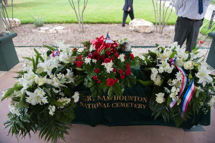 Flowers decorate around the urn of Oliver "Ollie" Crawford during his funeral ceremony Aug. 5, 2019, at Joint Base San Antonio-Fort Sam Houston, Texas. "Ollie" passed away at the age of 94, on Sunday, July 21, 2019 in San Antonio, Texas.