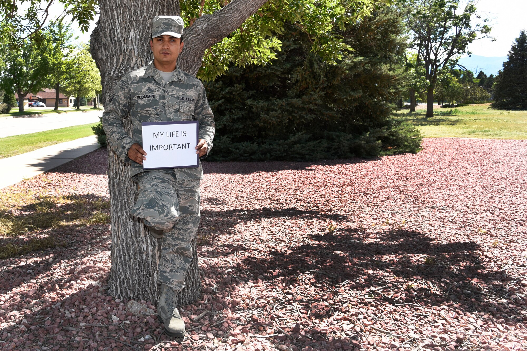 Staff Sgt. Gopal Pudasaini, 21st Medical Operations Squadron family health clinic patient advocate, tells the story of his experience with suicide and how it affected his life, June 28, 2019 at Peterson Air Force Base, Colorado. Pudasaini wants others to know that life is an opportunity, don’t waste it. (U.S. Air Force photo by Staff Sgt. Alexandra M. Longfellow)