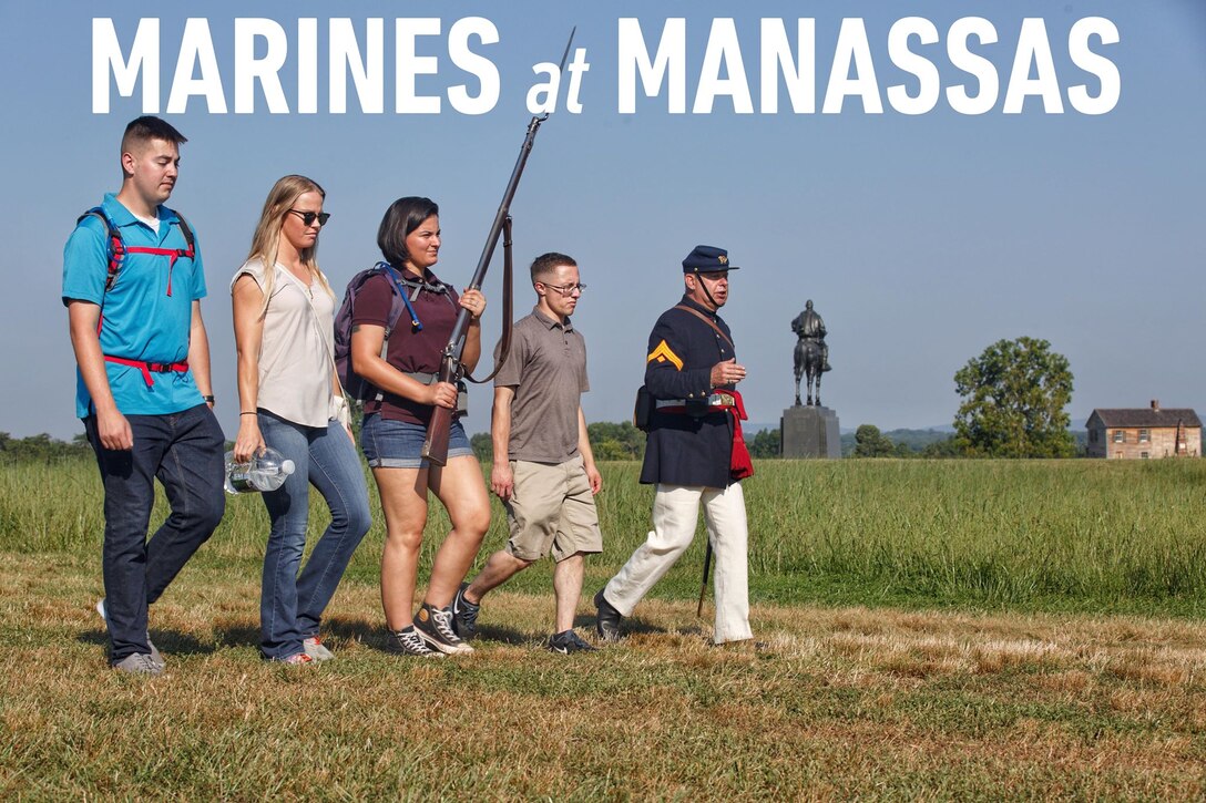 Gunnery Sgt. Thomas E. Williams (Ret.) shows Marines of Marine Corps Recruiting Command the exact path the Marine battalion walked during the First Battle of Manassas as part of historic walking tour at Manassas National Battlefield Park, Manassas, Virginia, July 30, 2019. This year marked the 158th anniversary of the battle, which was the first major action of the Civil War. While Manassas was a defeat for US forces, a battalion of more than 330 Marines participated in the battle and was one of the only units to penetrate the Confederate line. Williams, the director of the Marine Corps Historical Company, gave Marines from Marine Corps Recruiting Command a historic walking tour of the battlefield, showing them the exact locations the Marine battalion fought 158 years ago. This demonstration was part of a battle study that was designed to instill in the Marines an appreciation for the discipline, confidence and dedication that the Marine battalion embodied during the battle and is a hallmark of today’s Marine Corps. The USMC Historical Company provides historical educational programming focused on telling the story of the Marine Corps and its people.