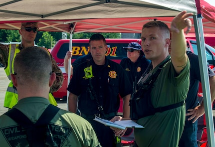 Members of the 61st Civil Support Team, Arkansas National Guard, brief their incident response plan to the West Licking Joint Fire District chief during Vigilant Guard 19-4, Aug. 5, 2019, at the Ohio Fire Academy in Reynoldsburg, Ohio. Vigilant Guard brings together over 3,000 personnel from more than 90 local, state and federal agencies to train and develop disaster response capabilities in the largest exercise of its kind in the state’s history.