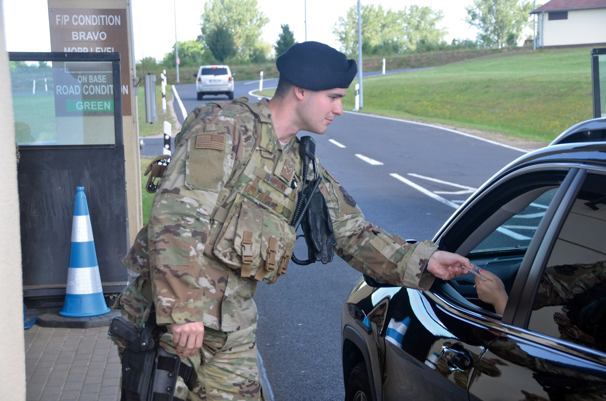 Senior Airman Jackson Brown, 445th Security Forces Squadron, performs installation security June 21, 2019, at Spangdahlem Air Base, Germany. An important function of SF personnel is to protect the integrity of Air Force bases and installation assets.