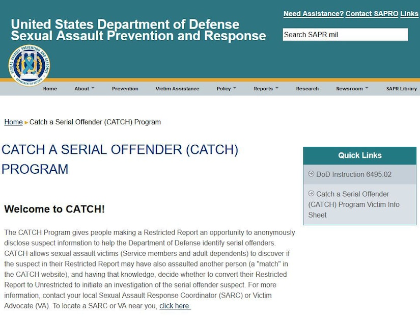 Screenshot of DOD’s CATCH website.