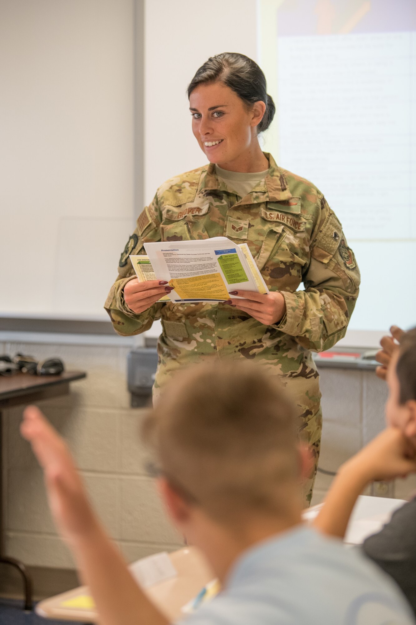 Senior Airman Payton Glover, 3rd Airlift Squadron loadmaster, speaks to Caesar Rodney High School freshmen about soft skills and their importance in the workplace June 31, 2019, at Caesar Rodney High School in Camden, Del. The Airmen shared their personal work experiences and offered the students real-world examples tied to the lesson plans. (U.S. Air Force photo by Mauricio Campino)