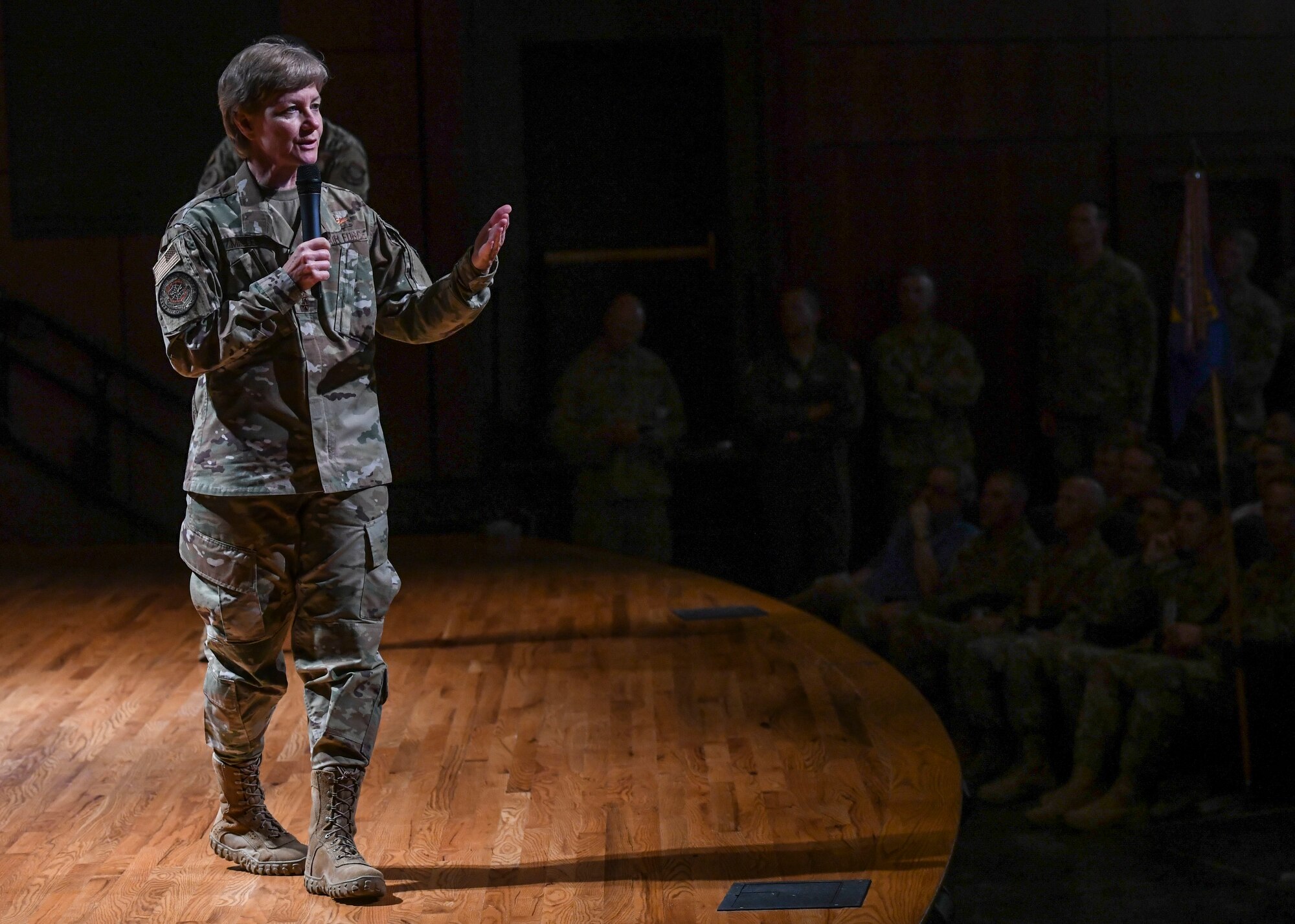 Gen. Maryanne Miller, commander of Air Mobility Command, speaks at an all-call during a visit to Joint Base Charleston, South Carolina, July 30, 2019. Miller spoke about AMC’s priorities, mission and how Airmen play a role in the mission. Miller visited JB Charleston July 29 to August 1 to get a first-hand look at mission capabilities, new innovative programs and how JB Charleston is taking care of its service members to build a stronger mobility force. AMC’s mission is to provide rapid, global mobility and sustainment for America's armed forces. The command also plays a crucial role in providing humanitarian support at home and around the world.