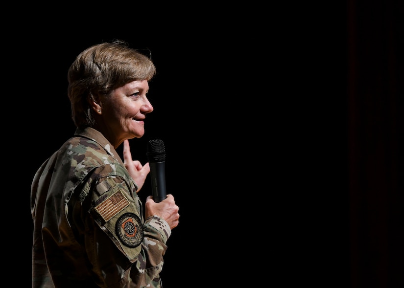 Gen. Maryanne Miller, commander of Air Mobility Command, speaks at an all-call during a visit to Joint Base Charleston, South Carolina, July 30, 2019. Miller spoke about AMC’s priorities, mission and how Airmen play a role in the mission. Miller visited JB Charleston July 29 to August 1 to get a first-hand look at mission capabilities, new innovative programs and how JB Charleston is taking care of its service members to build a stronger mobility force.  AMC’s mission is to provide rapid, global mobility and sustainment for America's armed forces. The command also plays a crucial role in providing humanitarian support at home and around the world.