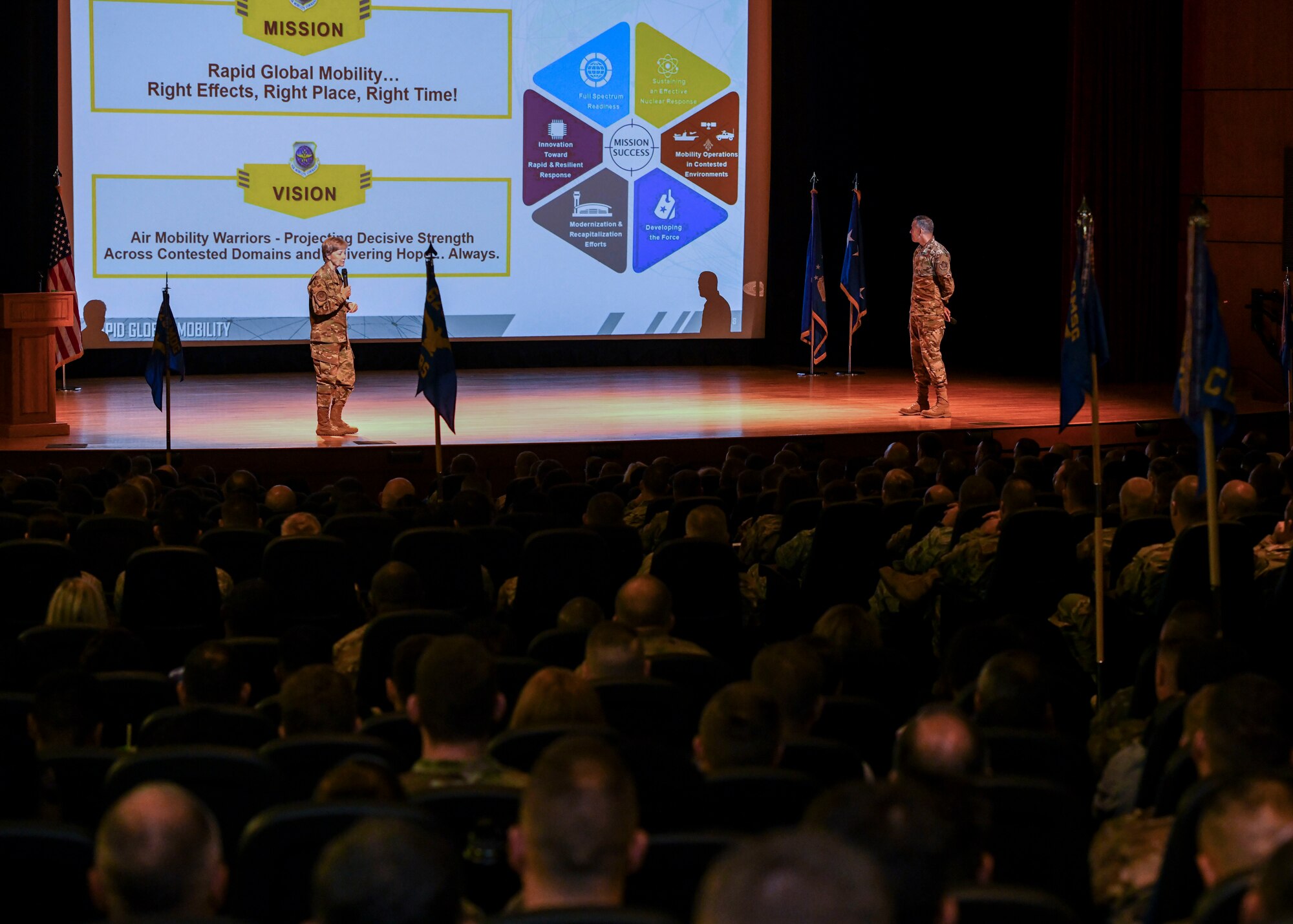 Gen. Maryanne Miller, left, commander of Air Mobility Command, and Chief Master Sgt. Terrence Greene, AMC command chief master sergeant, discuss AMC’s mission and vision at an all-call during a visit to Joint Base Charleston, South Carolina, July 30, 2019. Miller and visited JB Charleston July 29 to August 1 to get a first-hand look at mission capabilities, new innovative programs and how JB Charleston is taking care of its service members to build a stronger mobility force.  AMC’s mission is to provide rapid, global mobility and sustainment for America's armed forces. The command also plays a crucial role in providing humanitarian support at home and around the world.