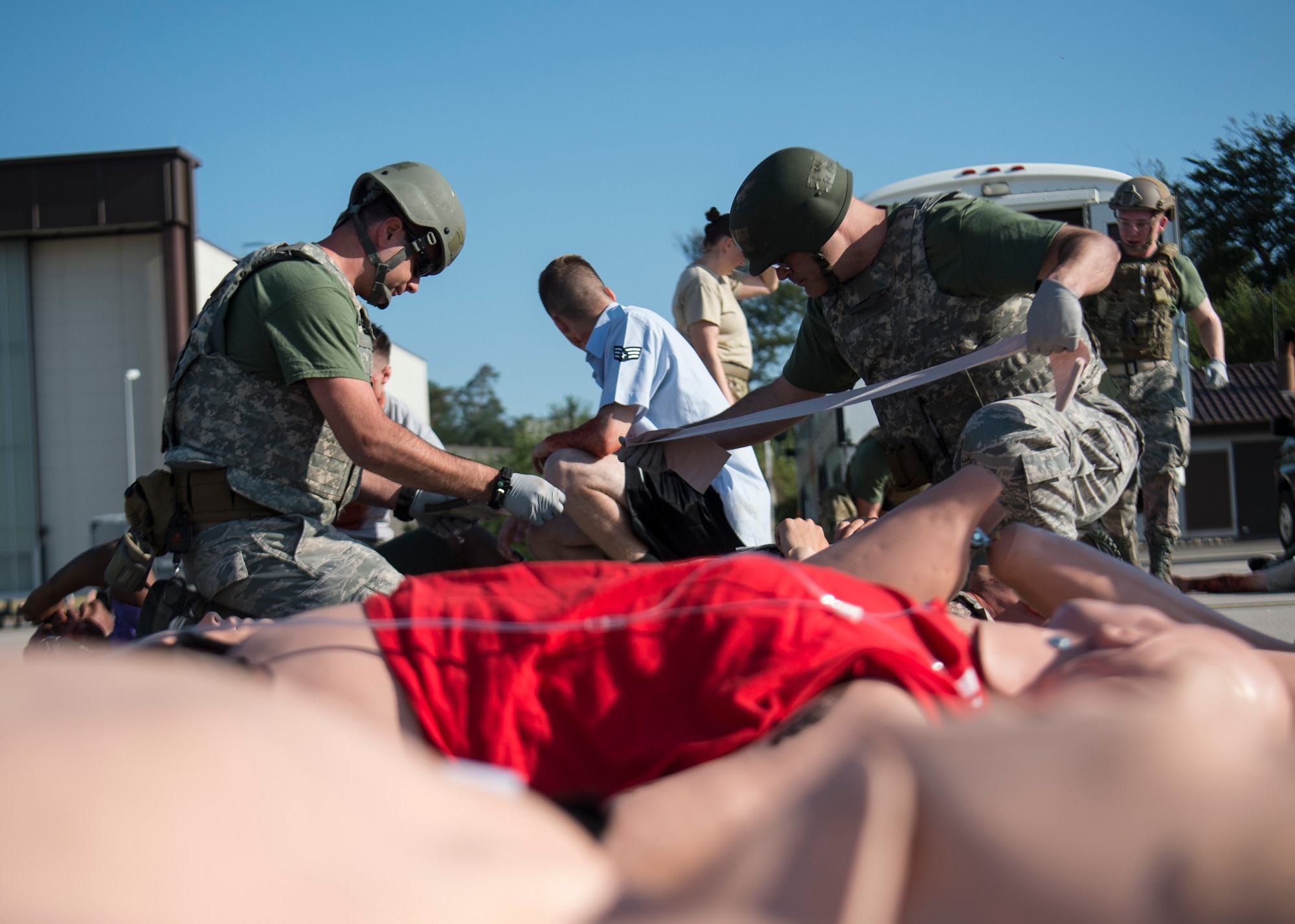 Medics respond to a simulated mass casualty scenario during the U.S. Air Forces in Europe EMT Rodeo at Ramstein Air Base, Germany, July 24, 2019. The EMT Rodeo consisted of teams from across Europe including, Incirlik AB, Turkey, Aviano AB, Italy, Royal Air Force Lakenheath, England, RAF Croughton, England, RAF Alconbury, England, Spangdahlem AB, Germany, and Landstuhl Regional Medical Center, Germany. (U.S. Air Force photo by Staff Sgt. Kirby Turbak)