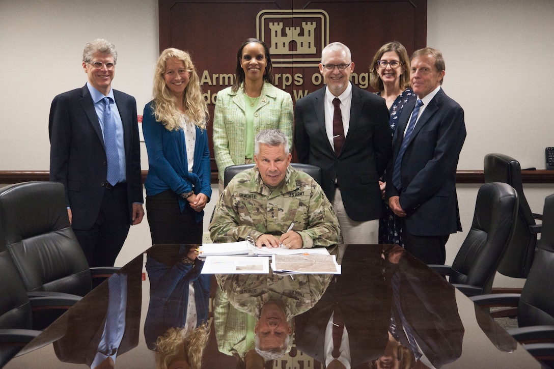 Lt. Gen. Todd T. Semonite, USACE Commanding General and 54th U.S. Army Chief of Engineers, signed the recommended plan to restore approximately 216 acres of the Middle Rio Grande bosque, Aug. 5, 2019. If authorized, this project improves hydrologic function by constructing high-flow channels, willow swales, and wetlands, and restores native vegetation and habitat. The signing of the Rio Grande Sandia-Isleta Chief's Report progresses the project to Congress for authorization. More information on this project from Albuquerque District, U.S. Army Corps of Engineers, can be found here: https://go.usa.gov/xyuZC