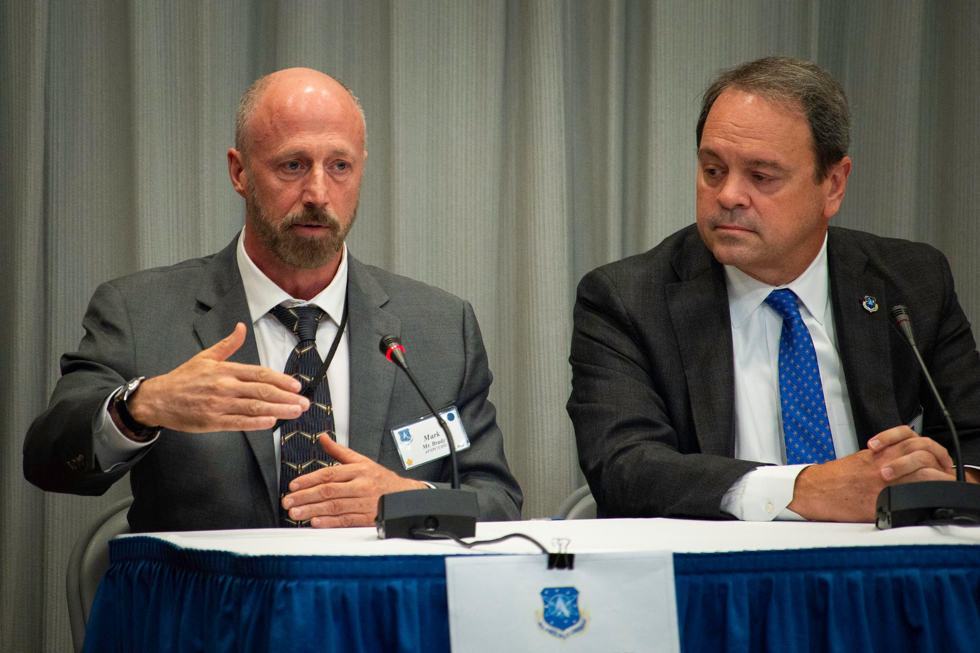 Dr. Mark Brady, Air Force Space Command chief data officer, participates in a panel discussion during the AFSPC Chief Data Office Innovation Summit at Headquarters AFSPC, July 30-31, 2019. Attendees included representatives from the State Department, NASA, U.S. Strategic Command, Pacific Air Forces and Air Combat Command, as well as the many organizations within AFSPC. (U.S. Air Force photo by Staff Sgt. Justin Armstrong)