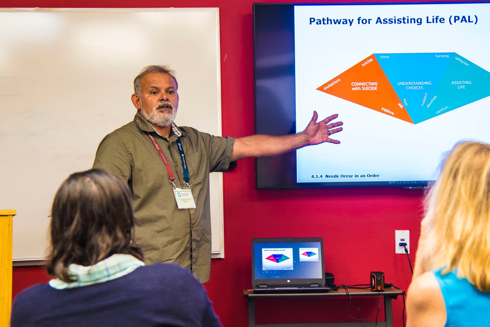 Armando O. Franco, wellness team lead, Air Force Wounded Warrior Program, instructs unit and service members during an Applied Suicide Intervention Skills Training session, July 31, 2019, Joint Base San Antonio-Randolph. The training is a two-day interactive workshop that teaches suicide first-aid initiatives.