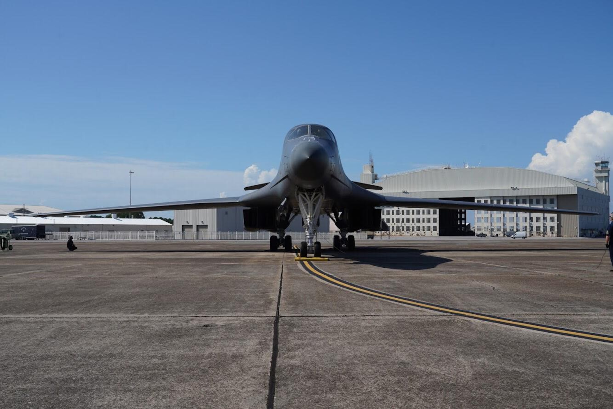 A B1-B Lancer from the 337th Test and Evaluation Squadron at Dyess Air Force Base, Texas sits on the ramp at Eglin Air Force Base, Fla. on July 30, 2016. Aircrew brought the 53rd Wing bombers to allow wing personnel an opportunity to see one of their geographically separated aircraft up close. (U.S. Army photo/SGT Sean Hall)