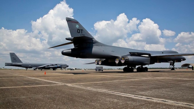 A B1-B Lancer from the 337th Test and Evaluation Squadron at Dyess Air Force Base, Texas and a B-52 from Barksdale Air Force Base, La. sit on the ramp at Eglin Air Force Base, Fla. on July 30, 2016. Aircrew brought the 53rd Wing bombers to allow wing personnel an opportunity to see one of their geographically separated aircraft up close. (U.S. Army photo/SGT Michael Parnell)