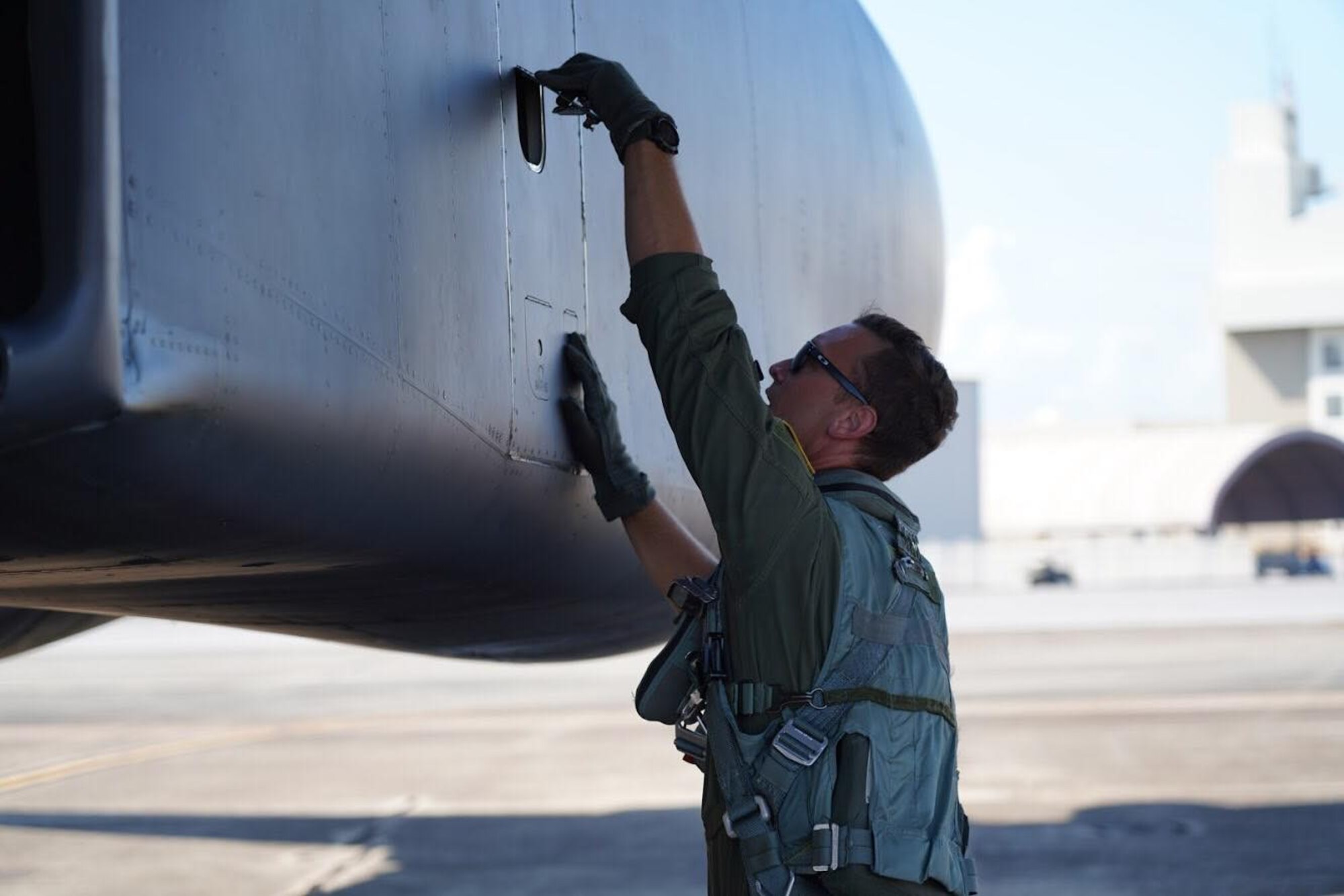 Capt. Mike Costello, 337th Test and Evaluation Squadron, performs B-1 Lancer preflight checks prior to take off from Eglin Air Force Base, Fla. on Aug. 1, 2016. Aircrew brought the 53rd Wing bomber from Dyess AFB, Texas, to allow wing personnel an opportunity to see one of their geographically separated aircraft up close. (U.S. Army photo/SGT Sean Hall)