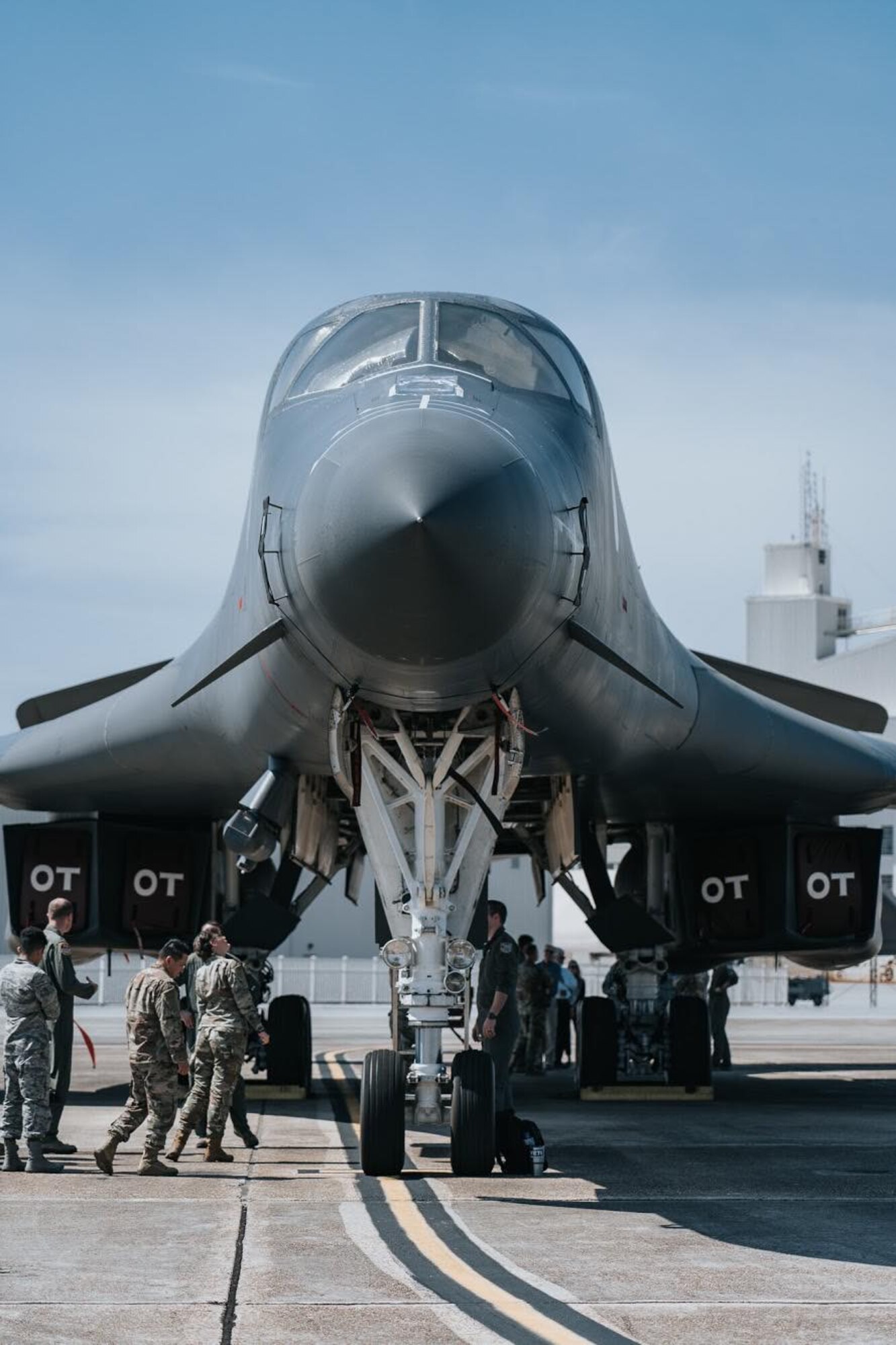 A B1-B Lancer from the 337th Test and Evaluation Squadron at Dyess Air Force Base, Texas sits on the ramp at Eglin Air Force Base, Fla. on July 30, 2016 as 53d Wing Airmen receive a tour of the bomber. Aircrew brought the 53rd Wing bombers to allow wing personnel an opportunity to see one of their geographically separated aircraft up close. (U.S. Army photo/PFC Aaron Shaeper)