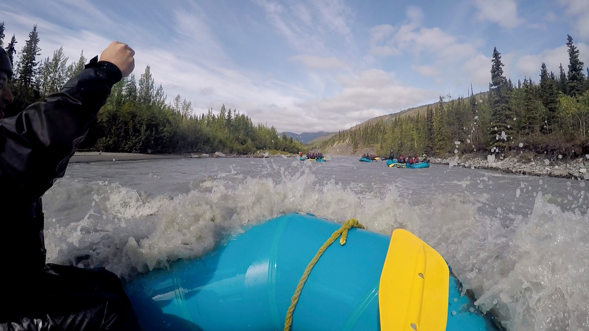 Members from the 673d Civil Engineer Group ride whitewater rapids on the Matanuska River, Alaska, as a Task Force True North activity July 26, 2019. Task Force True North is an initiative started in July 2018 to address Comprehensive Airman Fitness and decrease negative outcomes like sexual assault, suicide, domestic and workplace violence. Task Force True North embeds a religious support team and mental health counselors in groups to decentralize resources available to Airmen.